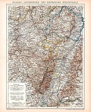 Alte historische Landkarte Elsass Lothringen Rheinpfalz Karte Lithographie 1893