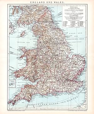 Alte historische Landkarte England und Wales Karte Lithographie 1893