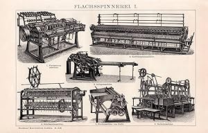 Alter historischer Druck Flachsspinnerei I. Holzstich 1892