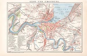 Alte historische Landkarte Genf Stadtplan Lithographie 1892