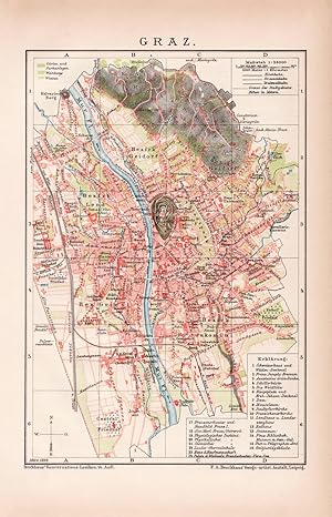 Alte historische Landkarte Graz Stadtplan Lithographie 1892