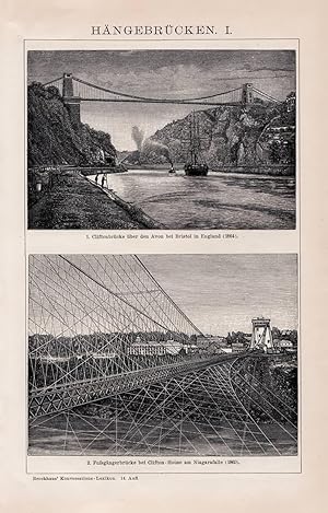 Alter historischer Druck Hängebrücken I. Holzstich 1892