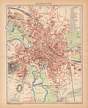 Alte historische Landkarte Hannover Stadtplan Lithographie 1892