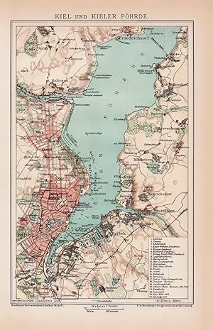 Alte historische Landkarte Kiel und Kieler Förde Karte Lithographie 1892