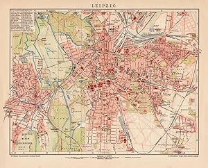 Alte historische Landkarte Leipzig Stadtplan Lithographie 1892