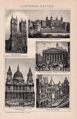 Alter historischer Druck Londoner Bauten Holzstich 1892