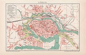 Alte historische Landkarte Lübeck Stadtplan Lithographie 1892