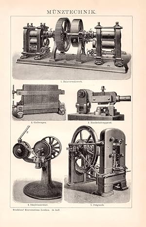 Alter historischer Druck Münztechnik Holzstich 1892