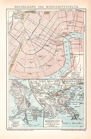 Historische Landkarte New Orleans Mississippidelta Stadtplan Lithographie 1892