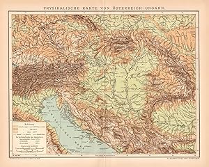 Historische Landkarte Österreich-Ungarn physikalische Karte Lithographie 1892