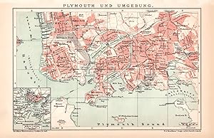 Alte historische Landkarte Plymouth Stadtplan Lithographie 1892