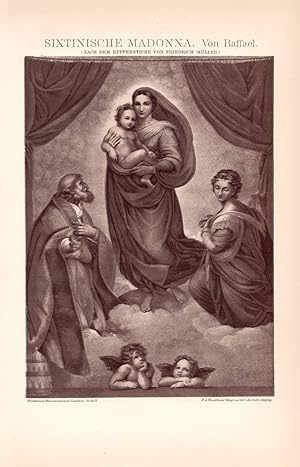 Alter historischer Druck Sixtinische Madonna Gesamtbild Chromolithographie 1892