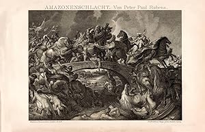 Alter historischer Druck Amazonenschlacht Rubens Chromolithographie 1892