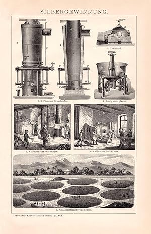 Alter historischer Druck Silbergewinnung Holzstich 1892