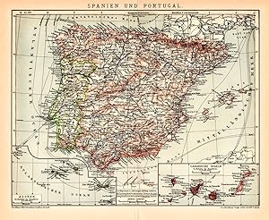 Alte historische Landkarte Spanien und Portugal Karte Lithographie 1892