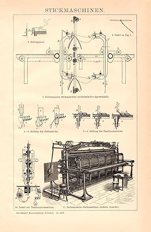 Alter historischer Druck Stickmaschinen Holzstich 1892