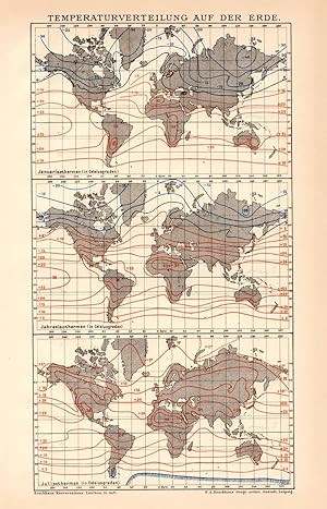 Alte historische Landkarte Temperaturverteilung Weltkarte Lithographie 1892