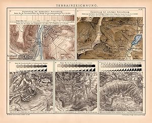 Alter historischer Druck Terrainzeichnungen Kartographie Lithographie 1892