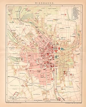 Alte historische Landkarte Wiesbaden Stadtplan Lithographie 1892