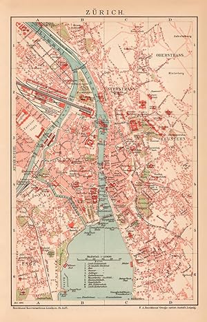 Alte historische Landkarte Zürich Stadtplan Lithographie 1892