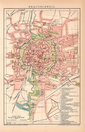 Alte historische Landkarte Braunschweig Stadtplan Lithographie 1895