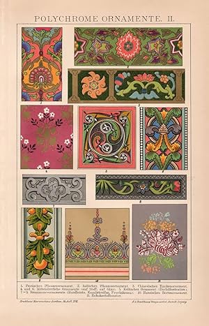 Alter historischer Druck Polychrome Ornamente II. Chromolithographie 1895