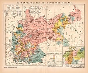 Alte historische Landkarte Konfessionen Deutsches Reich Karte Lithographie 1892