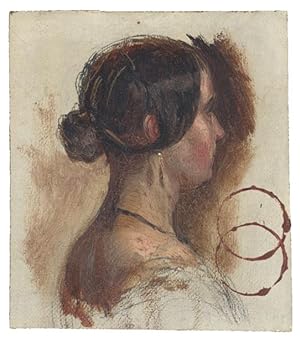 Bildnis einer jungen Frau mit Biedermeierfrisur, Büste im Viertelprofil nach rechts, mit zwei ine...