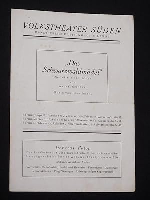 Seller image for Programmzettel Volkstheater Sden 1946. DAS SCHWARZWALDMDEL von Neidhart, Jessel (Musik). Spielleitung: Otto Lange, musikal. Ltg.: Charlotte Psniker-Weiland, Tanzeinstud.: Gerti Russ. Mit Hermann Hardy, Ingrid Droth, Valerie Antelmann, Max Pratsch, Hildegard Wehler, Vera Bernardi, Eitel Zierfu, Erwin Schindler, Ena Hennrichs-Noack, Axel Schmidt for sale by Fast alles Theater! Antiquariat fr die darstellenden Knste