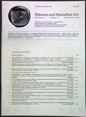 Imagen del vendedor de Liste 505 November/Dezember 1987: Antike Kleinmnzen, Griechische Mnzen der rmischen Kaiserzeit, Islamic coins, Schweizer Goldmnzen.; a la venta por books4less (Versandantiquariat Petra Gros GmbH & Co. KG)