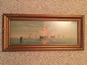 Knight Templar Fleet Watercolor Framed Painting Two feet long
