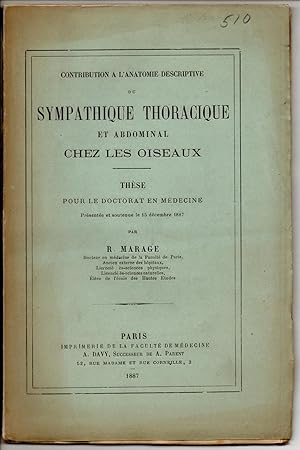 Bild des Verkufers fr Contribution  l'anatomie descriptive du sympathique thoracique et abdominal chez les oiseaux. Dissertation. zum Verkauf von Wissenschaftliches Antiquariat Kln Dr. Sebastian Peters UG