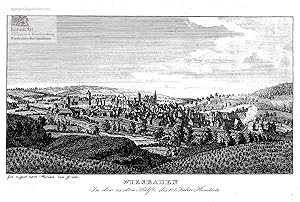 Immagine del venditore per Wiesbaden. In der ersten Hlfte des 17ten Jahrhunderts. Schne Ansicht von Wiesbaden, im Vordergrund Wanderer, Reiter und Winzer in den Weinbergen auerhalb der Stadt. Kupferstich von Grape nach Merian 1826 venduto da historicArt Antiquariat & Kunsthandlung