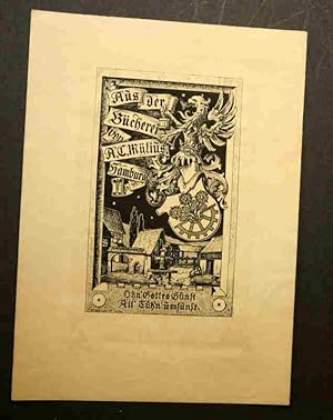 Ex Libris für A. C. Mülius Motiv: Wassermühle unterm Sternenhimmel, oben rechts Wappen mit Löwe, ...