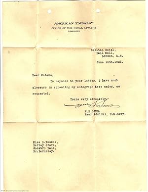 Typed letter signed to Miss G. Fowkes (William Sowden, 1858-1936, Admiral in the United States Navy)