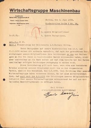 Imagen del vendedor de Zwei Rundschreiben der Wirtschaftsgruppe Maschinenbau sowie ein Einschreiben an dieselbe betr. Finanzierung der Reichswerke A.G. "Hermann Gring". a la venta por Antiquariat A. Suelzen