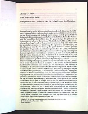 Bild des Verkufers fr Das aszetische Erbe: Schopenhauer und Coubertin ber die Leiberfahrung des Menschen; Sonderdruck aus: Gegenwartskultur und kulturelles Erbe; zum Verkauf von books4less (Versandantiquariat Petra Gros GmbH & Co. KG)