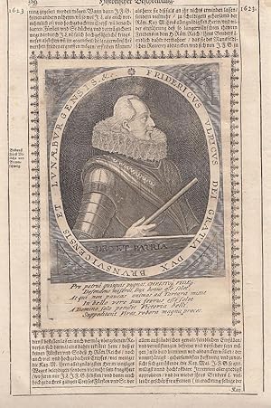 Bild des Verkufers fr Portrt. Halbfigur in Rstung im Oval. Kupferstich aus Merians "Theatrum Europaeum", ganze Buchseite mit Text, 33 x 21 cm, 1644. zum Verkauf von Antiquariat Michael Eschmann