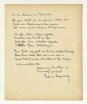 Imagen del vendedor de Eigenh. Albumblatt mit Gedicht (10 Zeilen), Widmung und U. a la venta por Eberhard Kstler Autographen&Bcher oHG