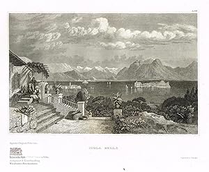 Jsola Bella. Schöner Blick auf die Isola Bella im Lago Maggiore. Stahlstich um 1835