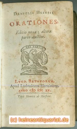 Bild des Verkufers fr DANIELIS HEINSII ORATIONES; Editio noua; altera parte auctior. [Druckermarke, Typ Rahir "M. 2"] zum Verkauf von Heinrich Heine Antiquariat oHG