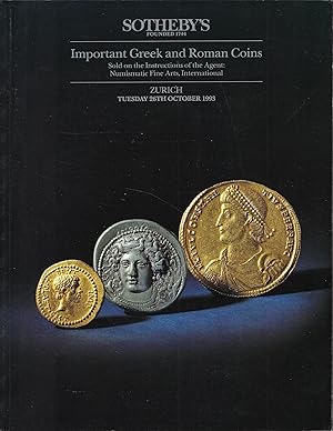 Seller image for Important Greek and Roman Coins. Zrich, Tuesday 26th October 1993 for sale by Librairie Archaion