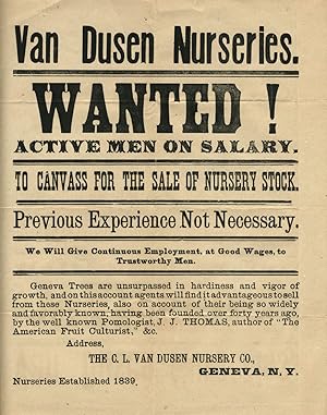 C. L. Van Dusen Nurseries, Geneva NY: Broadside seeking salesmen [with] advertisement and franked...