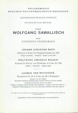 Seller image for Abonnementsfreies Konzert vom 15. Juni 1968. Dirigent: Wolfgang Sawallisch. Solist: Christoph Eschenbach. Auf dem Programm: Johann Christian Bach - Sinfonie in E-dur fr Doppelorchester op. 18,5 / Wolfgang Amadeus Mozart - Konzert fr Klavier und Orchester in F-dur KV 459 / Ludwig van Beethoven - Symphonie Nr. VI in F-dur op. 68 (Pastorale). Mit einfhrenden Texten und Kurzbiographie Eschenbach. for sale by Antiquariat Carl Wegner