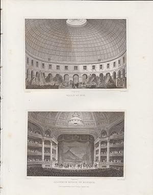 Orig. Stahlstich - Halle au ble. Academie royale de musique. 2 Ansichten auf einem Blatt.