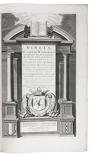 Seller image for Biblia, dat is De gantsche H. Schrifture vervattende alle de canonijcke boecken des Ouden en des Nieuwen Testaments.Dordrecht, Jacob and Pieter Keur; Amsterdam, Pieter Rotterdam and Pieter Rotterdam the younger (colophon: printed by Jacob and Pieter Keur, Dordrecht), 1714 (New Testament without Pieter Rotterdam the younger, 1713). 3 parts in 2 volumes. Large folio (42.527.5 cm). With engraved general title-page, series of 6 engraved double-page folding maps by Danil Stoopendaal (his larger set), a complete set of 184 full-page and 28 double-page engraved illustration plates by various artists, including A. de Blois, J. van Vianen and J. Mulder, after G. Hoet, B. Picart, A. Houbraken and others. Gold-tooled sprinkled calf (1738?). for sale by ASHER Rare Books