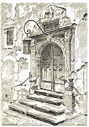 Seller image for Rothenburg o.d.T., Portal des Alten Rathauses. Zinkographie nach einer Federzeichnung von Paul Weigmann um 1960 for sale by historicArt Antiquariat & Kunsthandlung