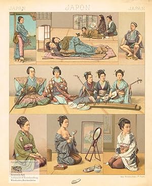 Mode in Japan. Junge japanische Frauen im Kimono, beim Musizieren, bei der Teezeremonie und beim ...