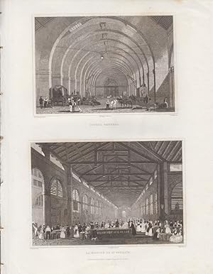 Orig. Stahlstich - Octroi general. La marché de St. Germain. 2 Ansichten auf einem Blatt.