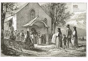 Seller image for Devant l'eglise, dans l'Oberland. Schweizer Bauern vor der Kirche im Berner Oberland. Xylographie nach Vautier um 1880 for sale by historicArt Antiquariat & Kunsthandlung